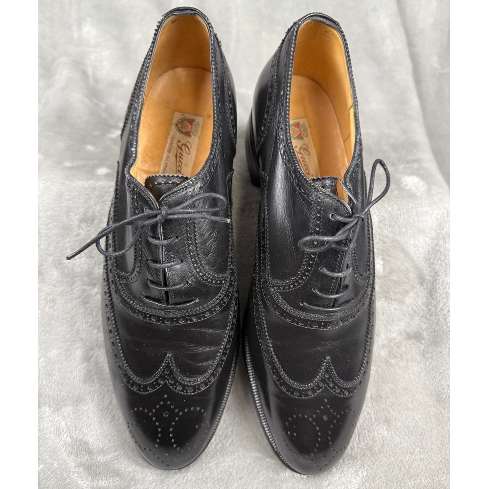 VTG Gucci Men's Black Leather Wingtip Brogue Oxford Shoes Made in IT Sz 41.5 D